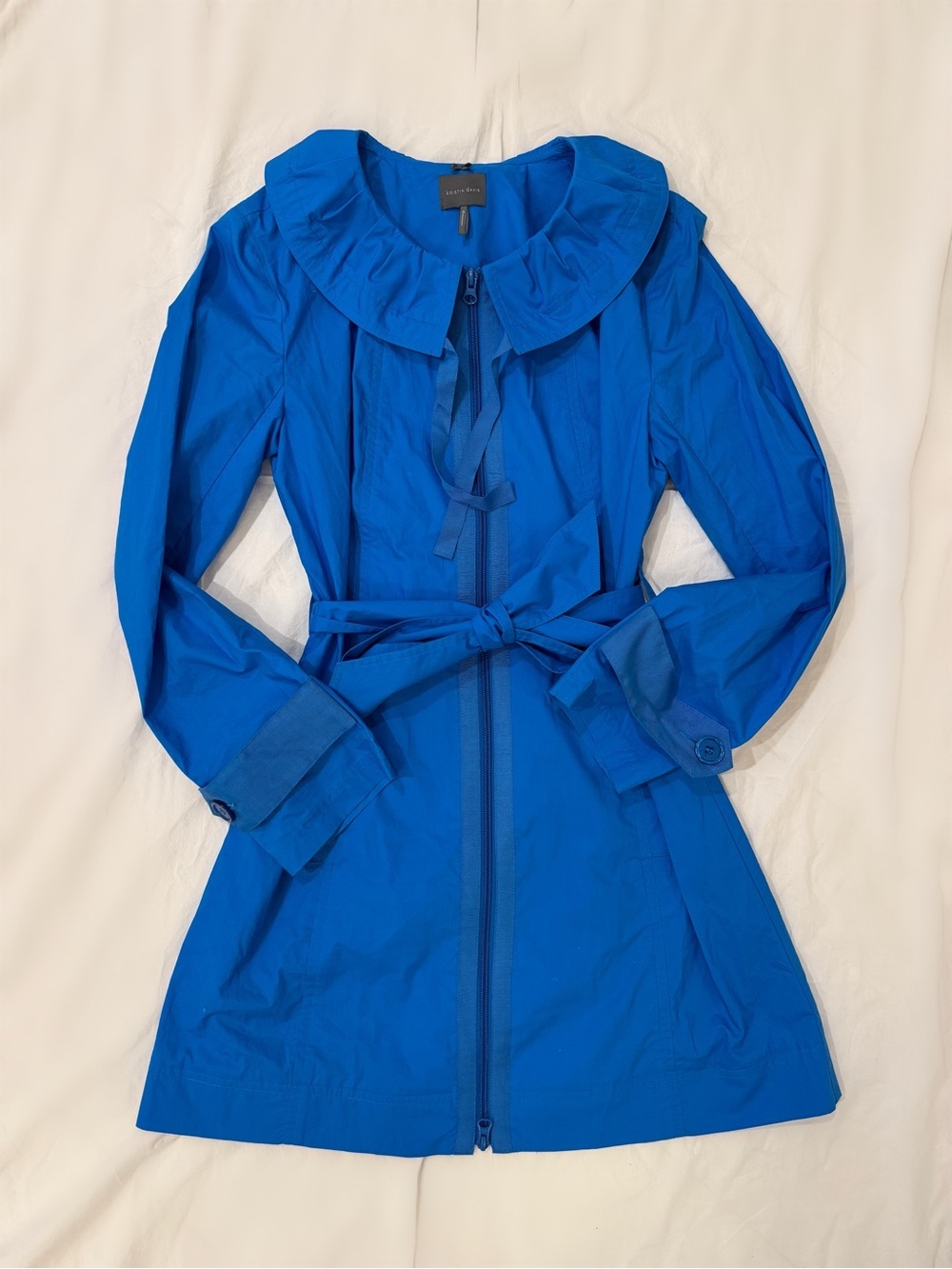Kristin Davis Sz S Cobalt Blue Ruffle Collar Belted Trench Jacket Coquette Prep